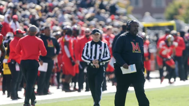Maryland head coach Michael Locksley walks onto the field during a timeout in the first quarter of a NCAA football game, Saturday, Oct. 12, 2019 at Ross-Ade Stadium in West Lafayette. Cfb Purdue Vs Maryland